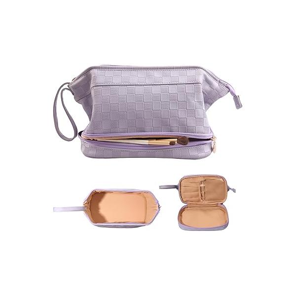 Abiudeng Large Capacity Makeup Bag Ladies Cosmetic Travel with Compartments Portable PU Leather Handle