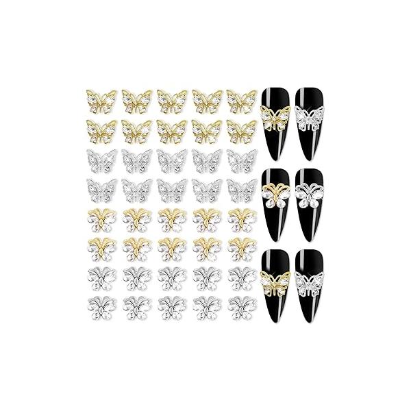 YECIRALA 40 Pcs Star Nail Charms for Acrylic Nails 3D Gold Silver Stars Rhinestones Gems Jewels Pentagram Cute Crystal Diamond Alloy Studs Art Supplies Makeup Crafts DIY