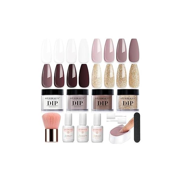 AZUREBEAUTY Dip Powder Nail Starter Kit White Mauve Glitter Champagne, Dipping 4 Colors Set, French Art Base Top Coat Activator Liquid Manicure DIY Salon 12 PCS