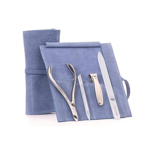 GERMANIKURE 4pc Manicure Set in Purple Suede Case - FINOX Stainless Steel Tools Made Germany, Glass Nail Care Supplies Czech Republic - Professional Cuticle and Kit