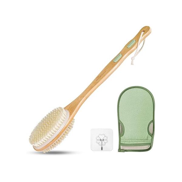 Bearona Body Brush with Exfoliating Mitt Set,Dual-Sided Long Handle Soft and Stiff Natural Bristles, Shower Scrub for Dead Skin Removal,Body Exfoliator Bath or Dry