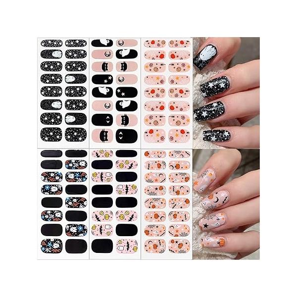 6 Sheets Halloween Nail Stickers for Art,Cute Ghost Full Warps 3D Self Adhesive Pumpkin Spider Bat Polish Cat Gel Strips Decals Women Manicure Decor Tips