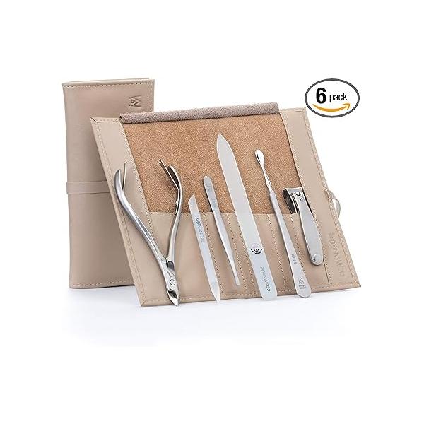 GERMANIKURE 6pc Manicure Set in Beige Leather Case - FINOX Stainless Steel Tools Made Germany, Glass Nail Care Supplies Czech Republic - Professional Cuticle and Kit
