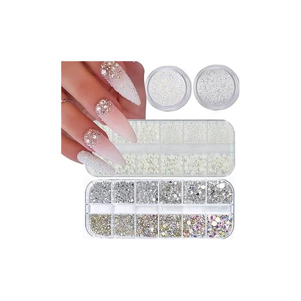 4 Boxes Flatback Rhinestones and Pearls Nail Charms for Acrylics - Crystals, Half Rounds, Accessories DIY Art Decor