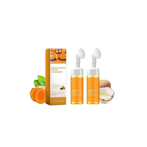 2 Pcs Turmeric Foaming Face Wash, Deep Cleansing Glow Wash Facial Cleanser With Brush.