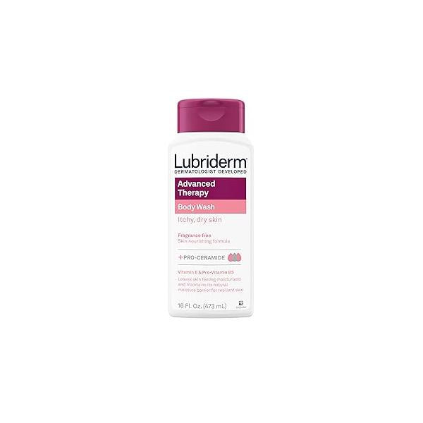 Lubriderm Advanced Therapy Body Wash, Unscented Nourishing Cleanser with Pro-Ceramide, Vitamin E & Pro-Vitamin B5 Gently Cleanses Itchy, Dry Skin, Fragrance Free, Hypoallergenic, 16 fl. oz