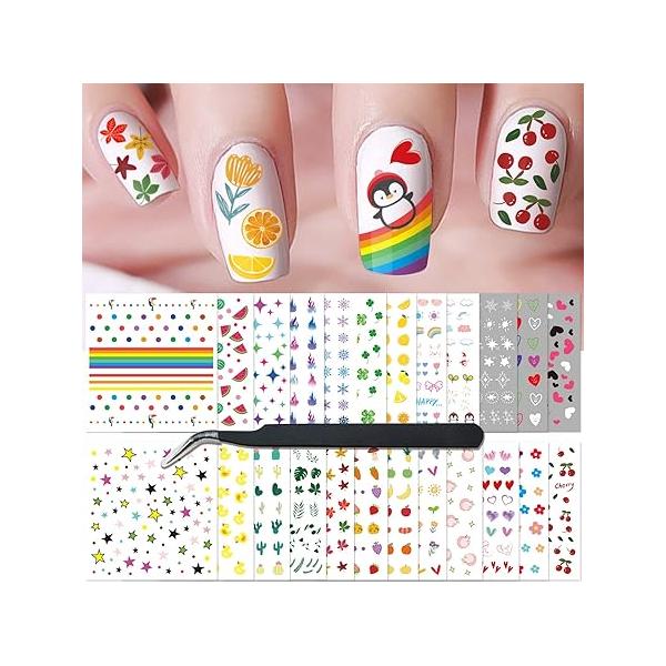 24 Sheets Nail Art Stickers, Sticker Decals for Girl Women, Cute Flower Heart Rainbow Star Stickers Decoration Self-Adhesive