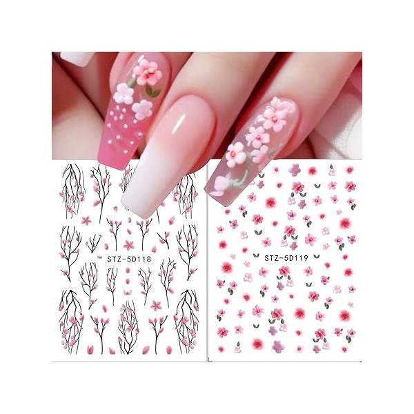 Flower Nail Stickers 3 Sheets for Nails Art Design with Pink Purple Floral Decals Self-Adhesive DIY Decoration Spring Summer Supplies Woman Girls