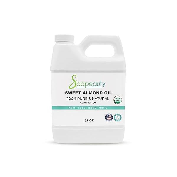 Soapeauty Sweet Almond Oil Cold Pressed Refined USDA Organic | 100% Pure & Natural Available in Bulk Carrier for Essential Oils, Massage, Skin, Face, and Hair, Soap Making, DIY 32 fl oz