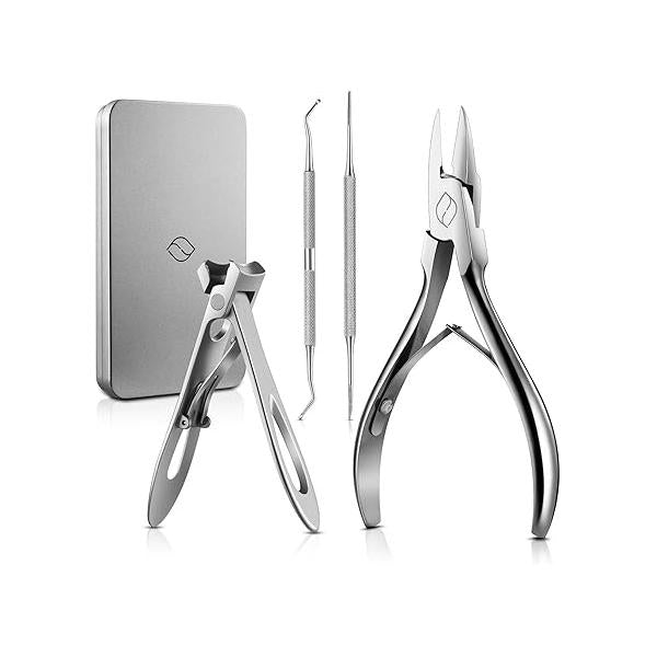 FERYES 4PCS Ingrown Toenail Kit - Clippers for Thick and Toenails, Toe Nail Clipper with File Lifter - Complete Care Set Men Women, Silver