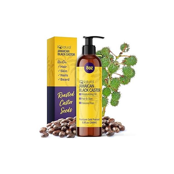 IQ Natural Jamaican Black Castor Oil for Hair Growth and Skin Conditioning, 100% Pure Cold Pressed, Scalp, Nail - (Unscented) (8oz)