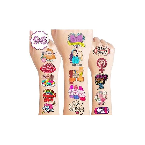 96PCS Funny Girly Feminist Temporary Tattoos Birthday Party Decorations Supplies Favors Decor Women Power Rights Gender Equality Tattoo Stickers Gifts For Adults Kids Girls Boys School Prizes Carnival