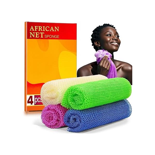 African Net Sponge for Deep Exfoliation - Authentic, Exfoliating Washcloth, Long-Lasting Smooth Skin & Cleansing(Purple, Pink, Green, Orange)