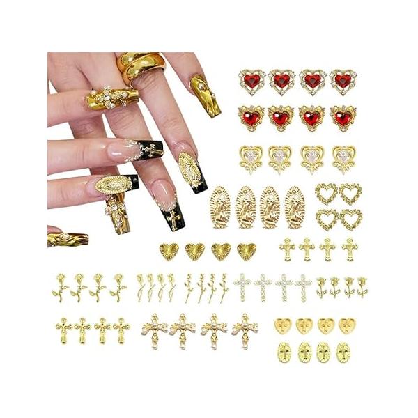 64pcs Gold Nail Charms Set with Cross, Hearts, Rose, and Virgin Mary - Y2K 3D Chrome Decorations
