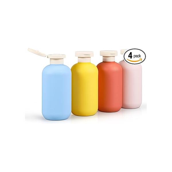 6.6oz Travel Bottles for Toiletries, Leak Proof Plastic Squeeze Shampoo Conditioner Lotion, Refillable Larger Toiletry Containers (Blue+Yellow+Orange+Pink, with 2 Labels)