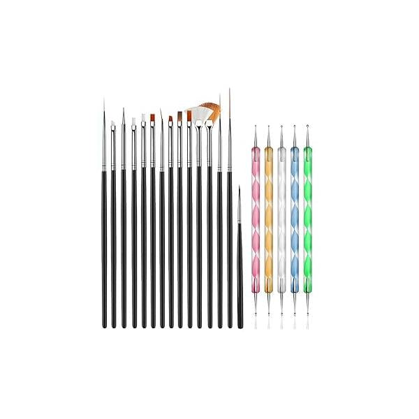20pcs Nail Art Design Tools, 15pcs Painting Brushes Set with 5pcs Dotting Pens, BLACK …