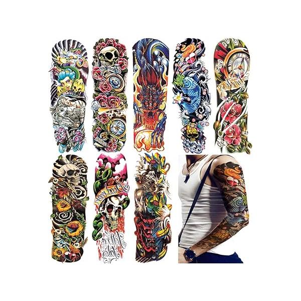 18.9x6.7 8 Sheets Extra Large Temporary Fake Tattoos Set for Men and Women, Full Arm Tattoo Sticker Skull Flower Paper Decal Sleeve DIY Black Body Art Sticker, 1