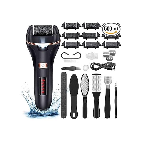 Electric Callus Remover for Feet,Rechargeable Foot File Hard Skin Remover,Waterproof 14 in1 Professional Pedicure Kit Cracked Heels &Dead Skin,with 9 Roller Heads 2 Speed