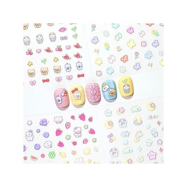 4 Sheets of 3D Nail Stickers - 292 Cute Embossed for Kids | Kawaii Flowers, Hearts, Bunny, Panda, Dinosaurs Glow in The Dark