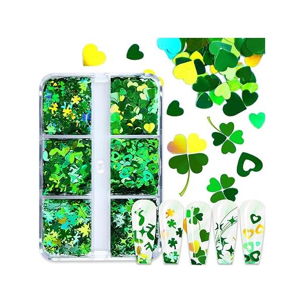 3D Holographic St. Patrick’s Day Nail Art Glitter Sequins, 6 Grids Shamrock Flakes Green Leaf Heart Star Nails Decals Confetti for Acrylic Decorations Accessories Supplies