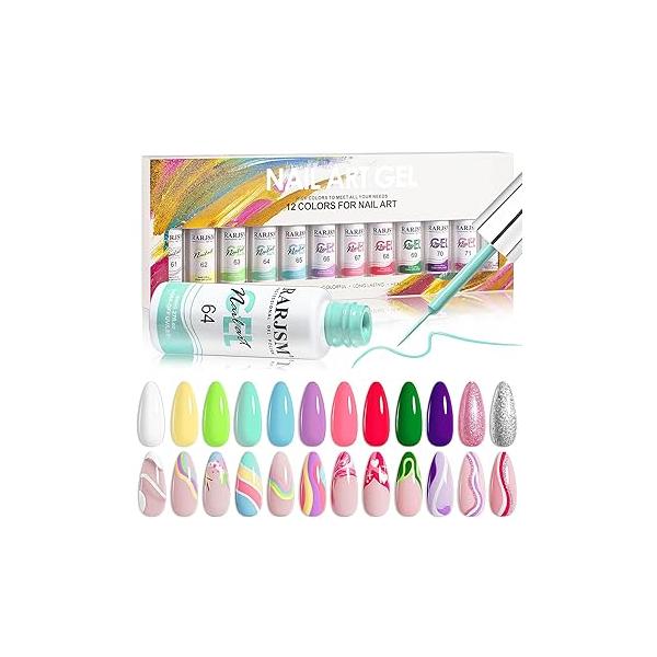 RARJSM Painted Gel Nail Polish Set, Line Art 12 Colors Neon Pink Yellow Green Glitter Silver Gold Painting Manicure Tools DIY Drawing NailGel for U V L E D Required
