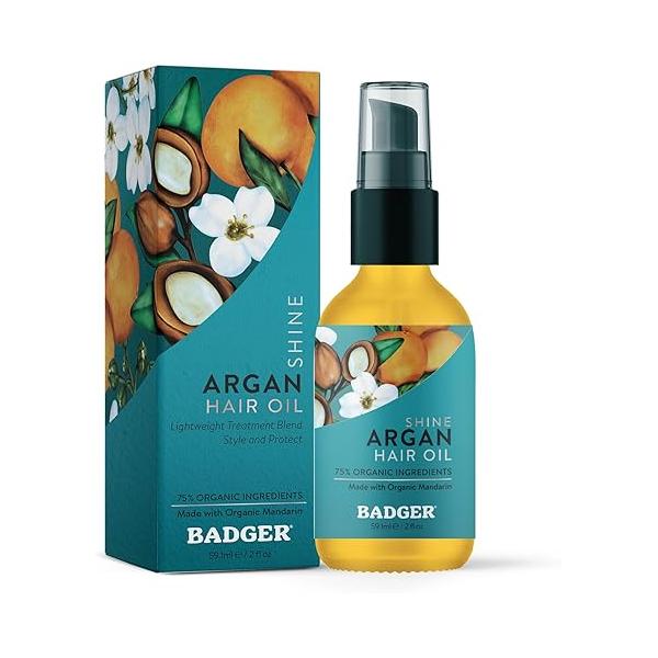 Badger Organic Argan Hair Oil, Restore a Healthy Shine to Dry Brittle Hair, Moroccan Oil Moisturizer/Hair Serum, 2 fl oz Glass Bottle