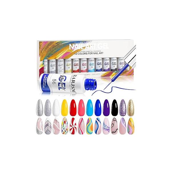 RARJSM Nail Art Gel Liner Painting Polish Set,12 Pastel Colors Spring Summer Collection,Painted Set Build in Thin Brush Soak Off Curing Requires Salon DIY Design Line 8ML