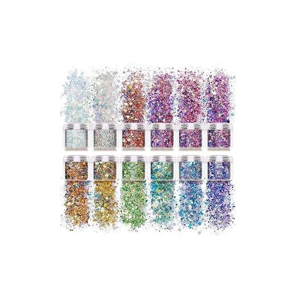 Allstarry 12 Colors Mermaid Nail Chunky Glitter Ultra-Thin Fluorescent Glass Paper Irregular Iridescent Sequin Flakes Glitters Sticker for Nails Art Decoration Hair Eyes Face Body DIY Craft