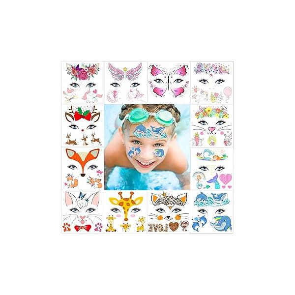 Animal Face Temporary Tattoos for Kids - 12 Pack & Body Stickers (Unicorn, Mermaid, Fox) Safe Non-Toxic Birthday Party Favors, Costume Events Girls Boys