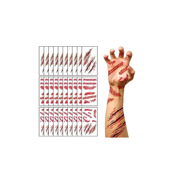 30 Sheets Halloween Temporary Tattoos, Horror Stitch Scar Scab Zombie Makeup Tattoos Stickers, Realistic Bloody Fake Wound for Party