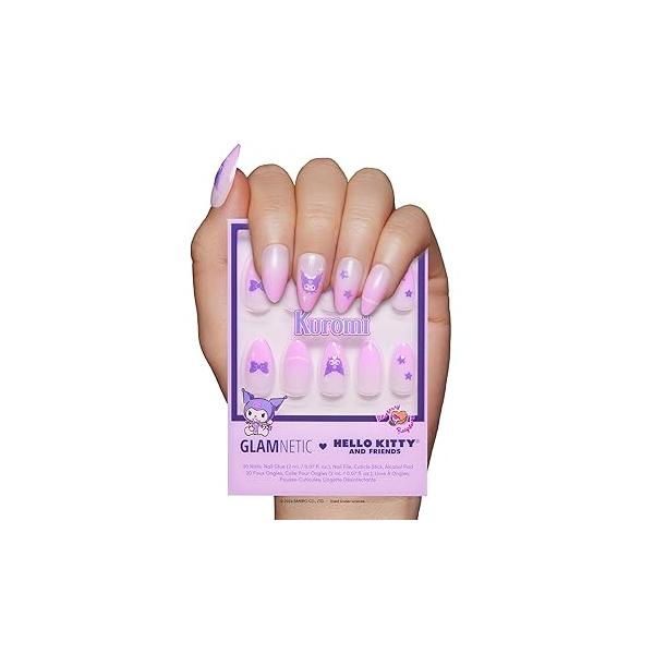 Glamnetic x Hello Kitty® and Friends Press On Nails - Pochacco™ | Short Oval Silver Metallic Graphic Fake in a Chrome Finish 15 Sizes 30 Nail Kit with Glue