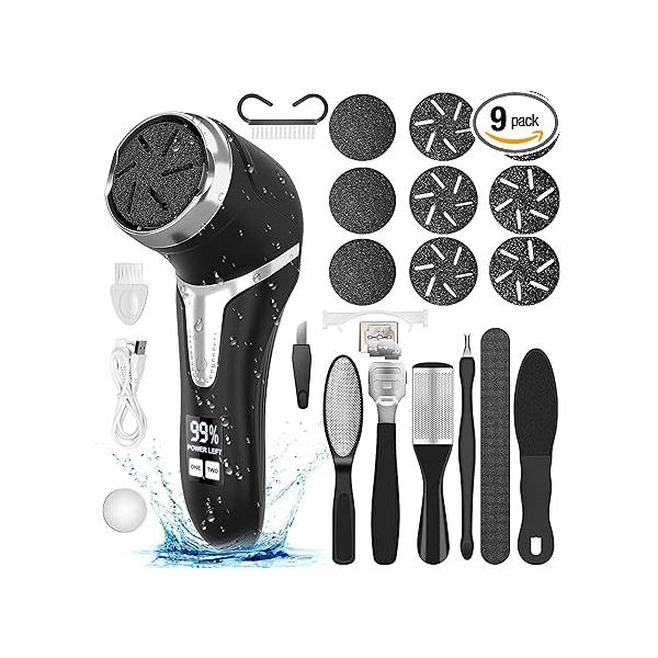 Electric Callus Remover for Feet (with Dander Vacuum), Portable Pedicure Kit Foot File Remover, Rechargeable Waterproof Care Deadskin with 9Head&LCD Display