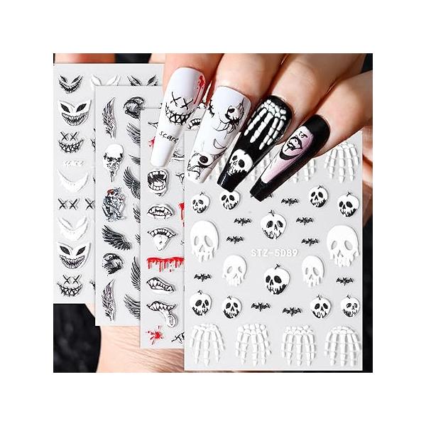 5D Halloween Nail Art Stickers Decals Embossed Horror Ghost Skull Pumpkin Bat Spider Bloody Scary Eye Wound Design Party Supplies Accessories 4 Sheets