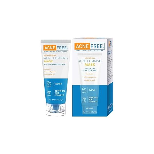 AcneFree Acne Clearing Mask, 3.5% Sulfur Treatment, Absorbs Excess Oil and Unclogs Pores with Vitamin C, Bentonite, Zinc, 1.7 Ounce