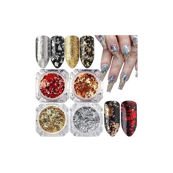 Holographic Nail Foil Glitter Flakes 3D Sparkly Aluminum Flake Sequins Art Accessories Rose Gold Red Silver Foils Supplies Mirror Powder Acrylic Nails Decoration (4Boxes)