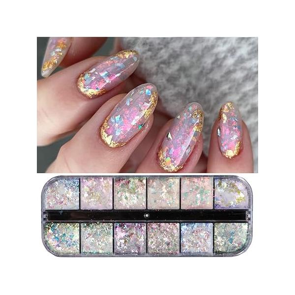 Holographic Opal Nail Art Glitter Flakes Powder Aurora Iridescent Pigment Ice Crystal Mermaid Paillettes Sparkly Sequins Design for Manicure Decoration Accessories 12 Grids