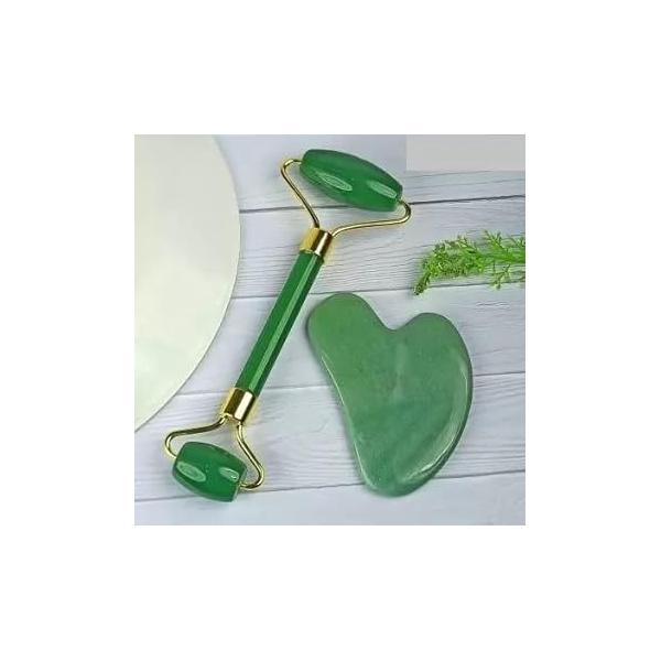 Green Jade Roller & Gua Sha Set, Face Manual Massager,Green Applicator for Face, Neck,Body Muscle,Relaxing, Stimulating Blood Flow, Relieve Fine Lines, Wrinkles,Green