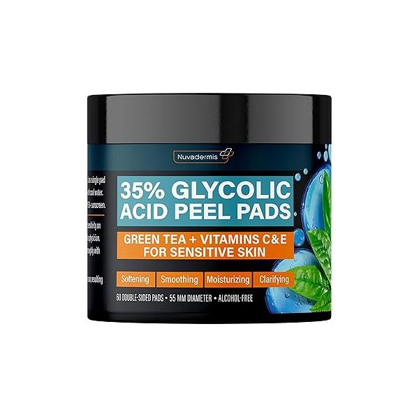 NUVADERMIS 35% Glycolic Acid Peel Pads - Exfoliating Facial Resurfacing for Blackheads, Dark Spots, and Acne Safe Sensitive Skin 60 Double-Sided