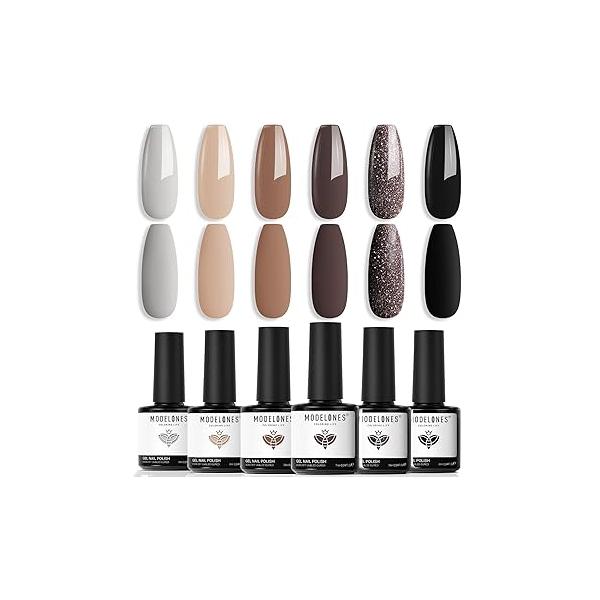 modelones Gel Nail Polish Set, 6 Colors Chocolate Brown Black Nude Glitter Kit Neutral All Seasons, Soak Off Art Salon Design French Manicure DIY at Home Gifts for Women Girls