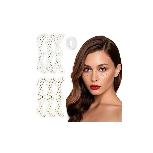 Glitter Freckles Face Tattoo, Gold Temporary Tattoos,Sparkle Makeup Patches, Cute & Waterproof Accessories For Women Girls, 6 Pcs (Set B（3pcs brown+3pcs rose gold)）)