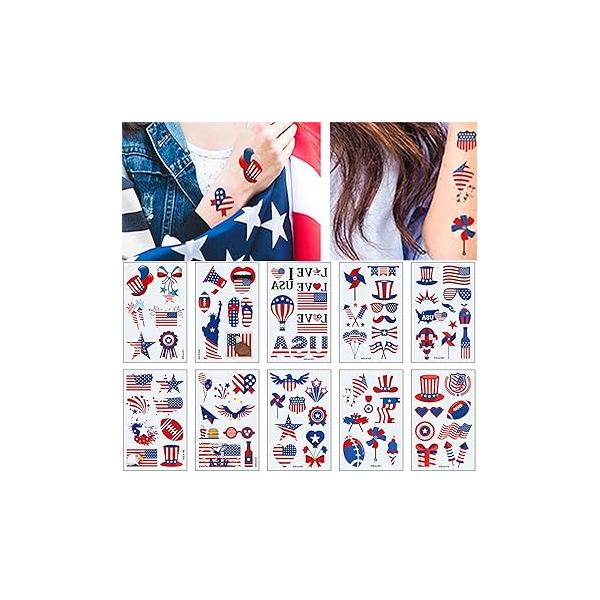 4th of July Temporary Tattoo Independence Day American Flag Red White Blue Design Body Art Patriotic Stickers for Theme Party Memorial Labor Celebrations Decor Supplies（10 Sheets）