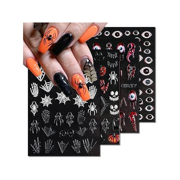 Halloween Nail Stickers 5D Self Adhesive Realistic Eyes Bone Spider Embossed Sliders Gel Polish Engraved Decal Skull Ghost Pumpkin Bat Art Decoration Supplies 5 Sheets