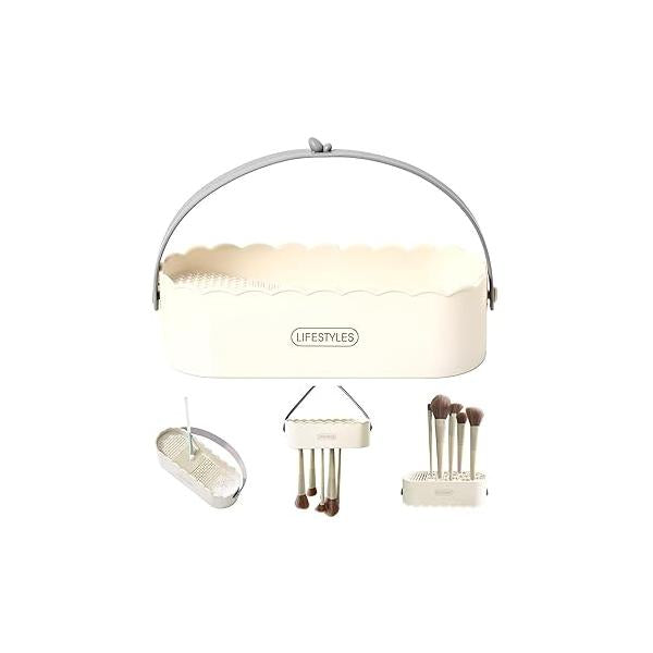 3 in 1 Silicone Makeup Brush Cleaner Bowl with Drying Holder, and Organizer Make up Mat for Brush, Sponge, Powder Puff(Panda White)