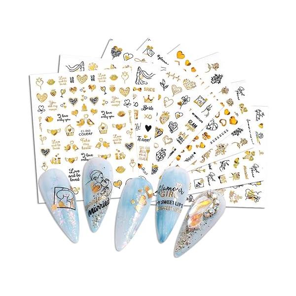 9 Sheets Valentine's Day Nail Art Stickers Valentines 3D Self-Adhesive Decals for Gel Nails Designs Gold Glitter Sticker Woman Girls Kids DIY Valentine’s Decorations