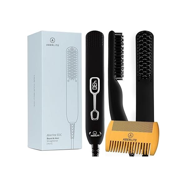 Aberlite EDC - Premium Beard Straightener Brush Professional Heated Straightening Comb and Grooming Kit for Men (Gray)