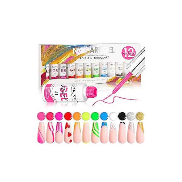RARJSM Painted Gel Nail Polish Set, Line Art 12 Colors Neon Pink Yellow Green Glitter Silver Gold Painting Manicure Tools DIY Drawing NailGel for U V L E D Required
