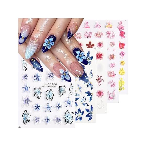 5D Embossed White Flowers Nail Stickers, 5 Sheets Self-Adhesive Floral Decals, Spring Rose Butterfly Art, 3D Acrylic for Manicure Decor