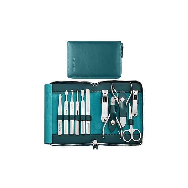 FAMILIFE Manicure Set, Professional Kit Nail Clippers Set 11 in 1 Stainless Steel Pedicure Tools Men Grooming Tool with Portable Brown Leather Travel Case Luxury Gifts for Him