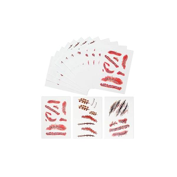110PCS Fake Scars Halloween Temporary Tattoos 3D Makeup Kit Horror Zombie Wound Bloody Stitches for Women Men Kids Party Pranks 15 Sheets (5A Size)