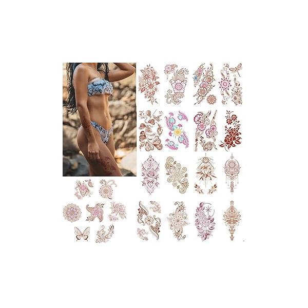 Brown Flower Temporary Tattoo Adult Women, Semi Permanent Fake Tattoos Stickers, Waterproof Hand Realistic for Women